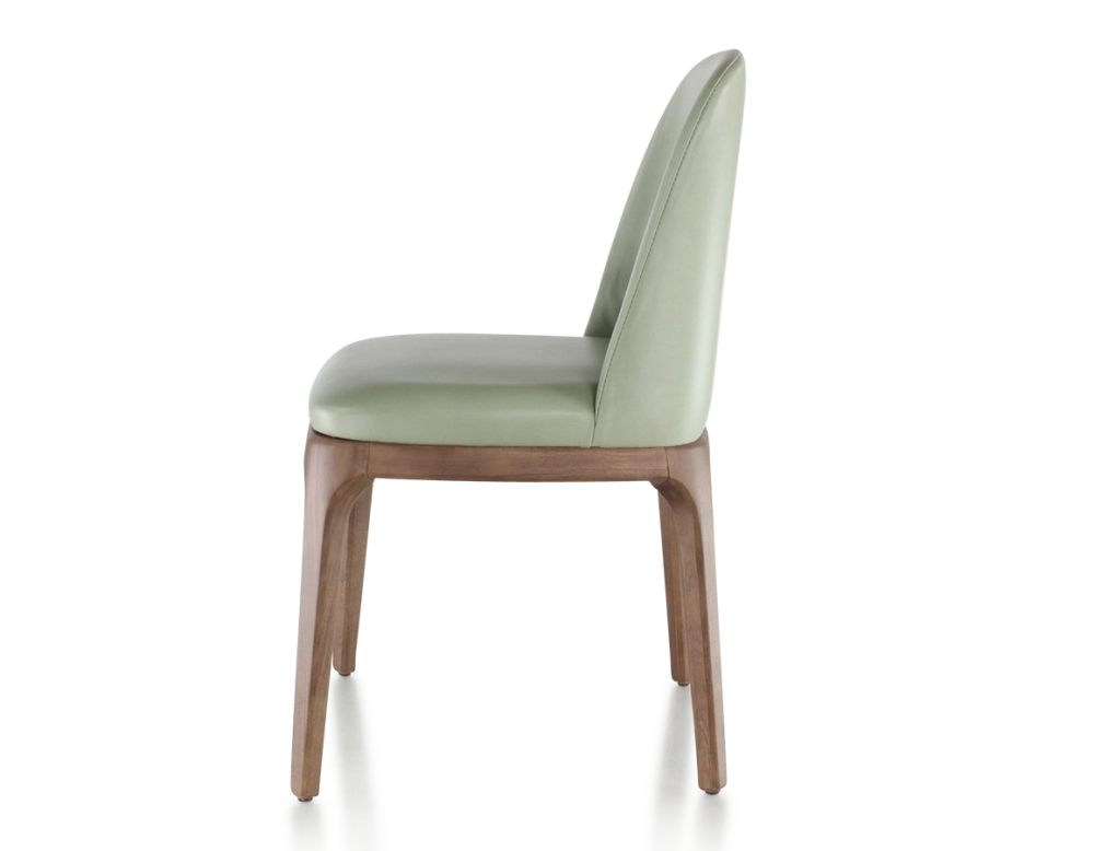 Chaise design bois teinte marron foncé et cuir vert sauge