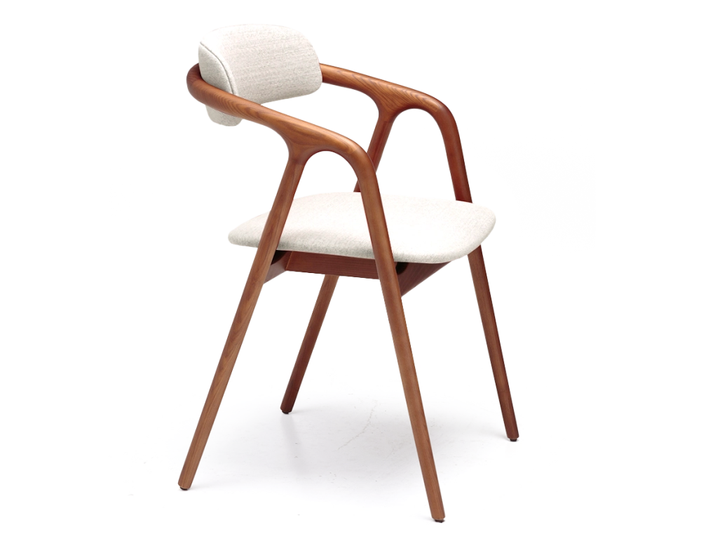 Chaise scandinave bois teinte merisier assise tissu beige naturel