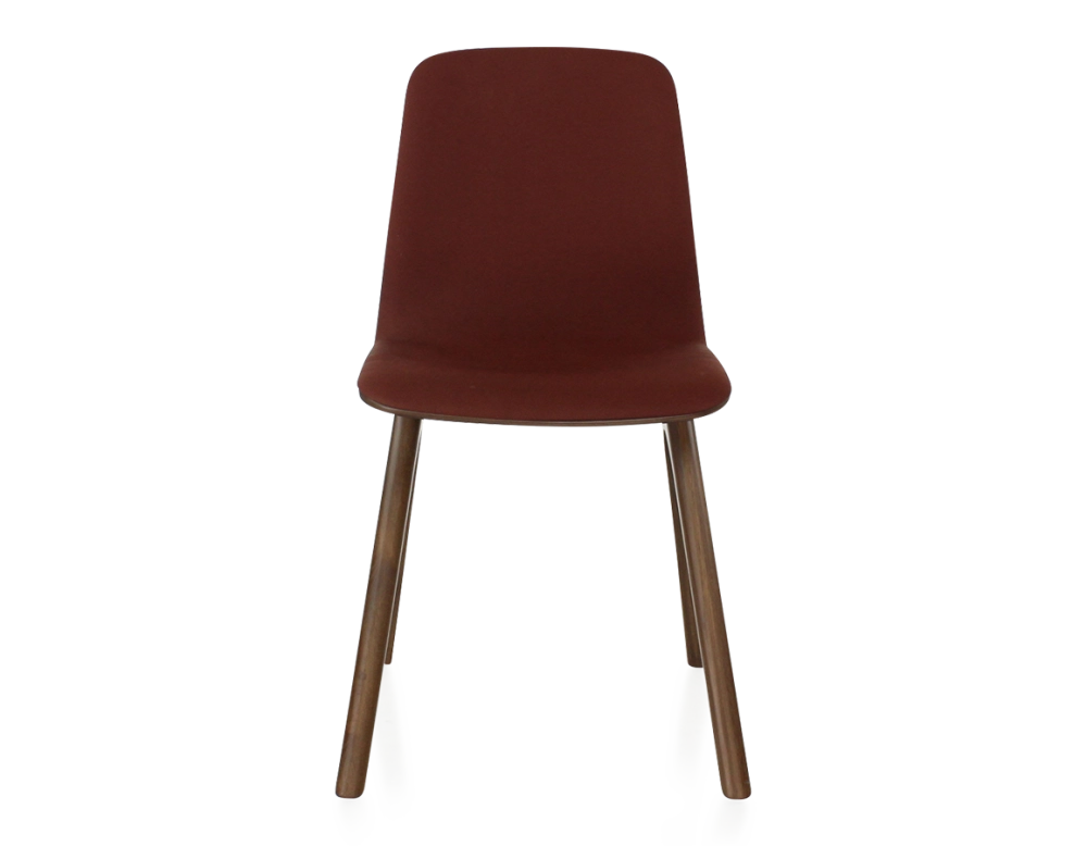 Chaise design en chêne tapissé bois teinte marron foncé assise tissu bordeaux