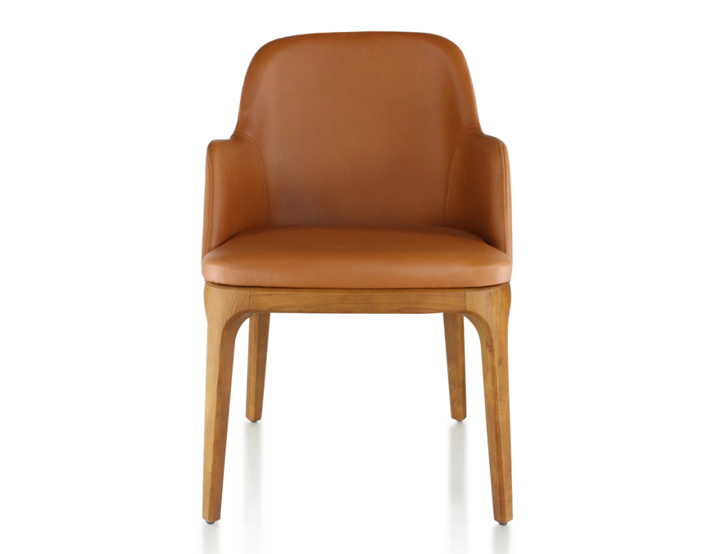 Designer chair with armrests cherry-stained wood and caramel leather