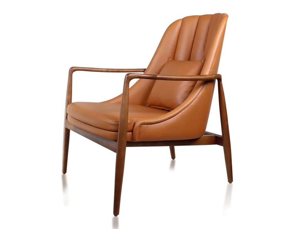 Scandinavian armchair cherry-stained wood and caramel leather