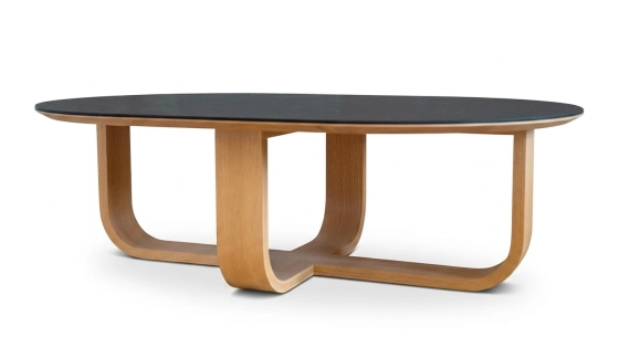 Mesa de centro redonda de roble y cerámica con madera tintada marrón oscuro tablero cerámico efecto mármol blanco 100x100 cm