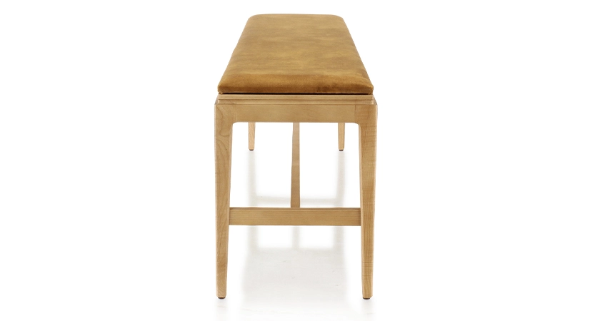 Designer bench natural stained wood, bronze velvet fabric seat, L140 cm