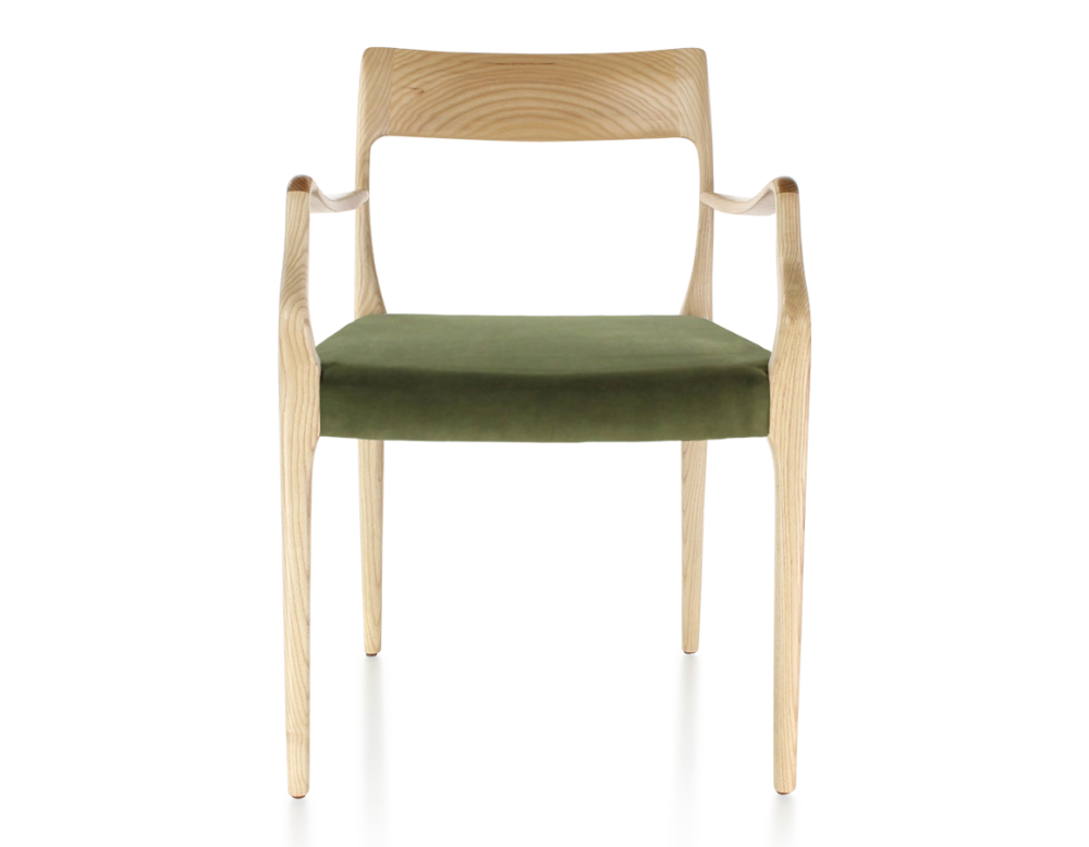 Chaise scandinave avec accoudoirs bois teinte naturelle assise tissu vert olive