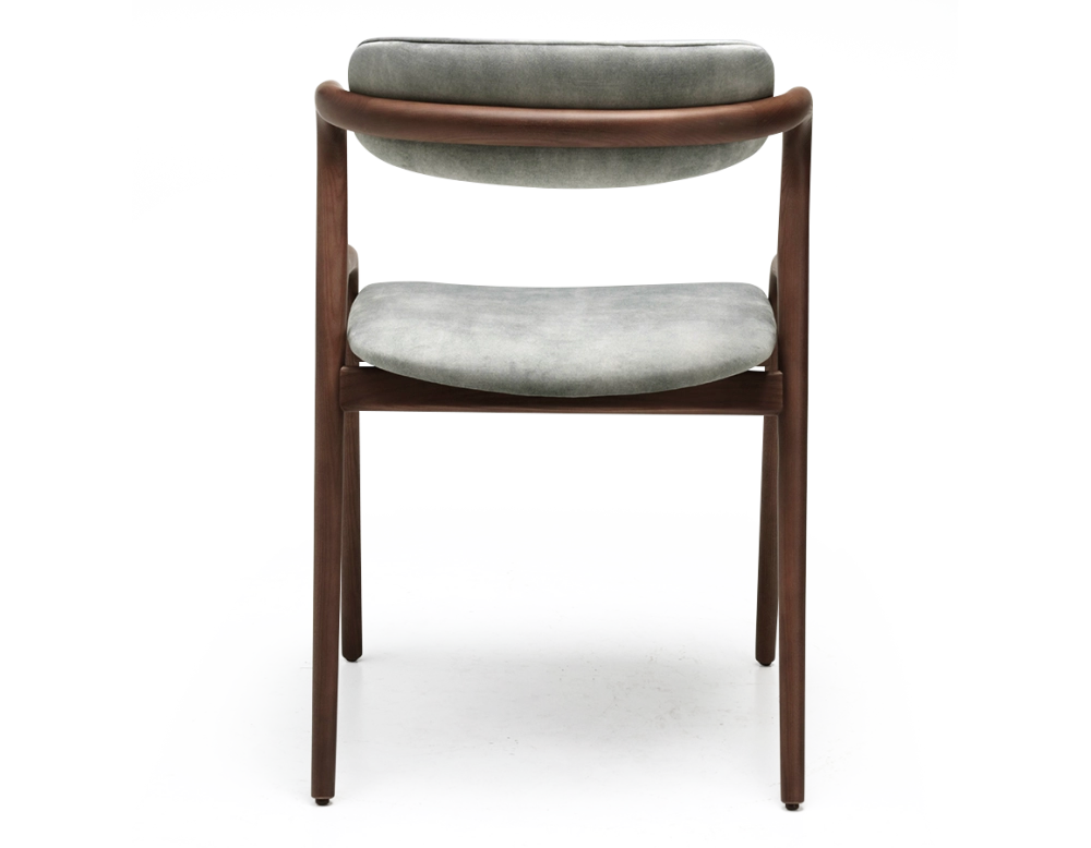 Scandinavian chair walnut wood with a grey-blue velvet fabric seat.