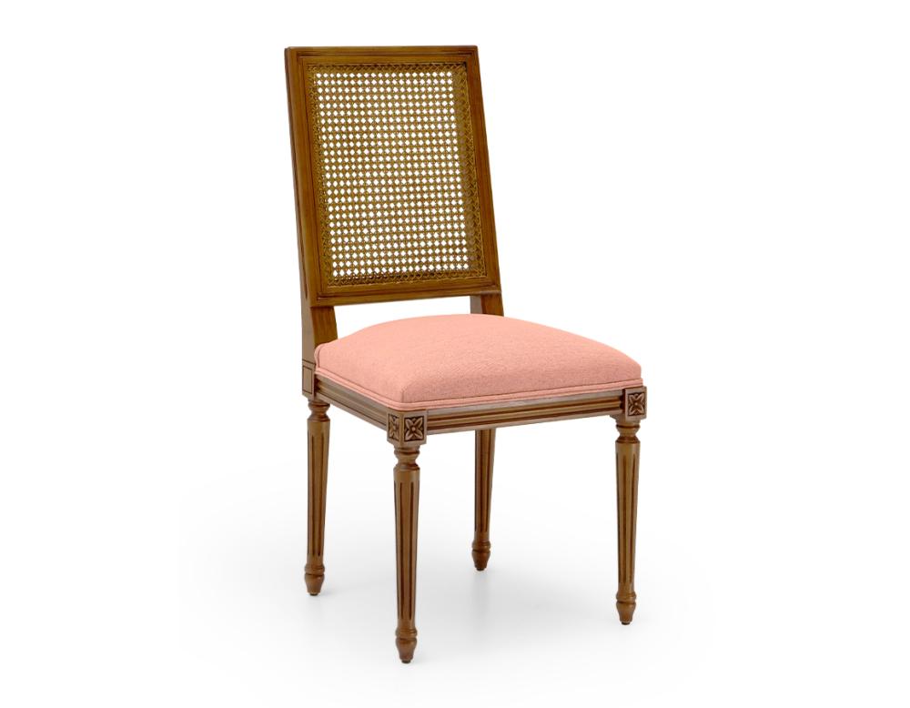 Silla antigua estilo Luis XVI respaldo de rejilla asiento de tejido rosa coral