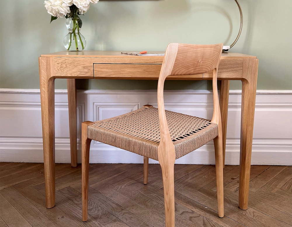 Scandinavian chair natural stained wood, rope seat