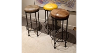 Taburete de bar vintage de piel jaune, marron soutenu et vert olive