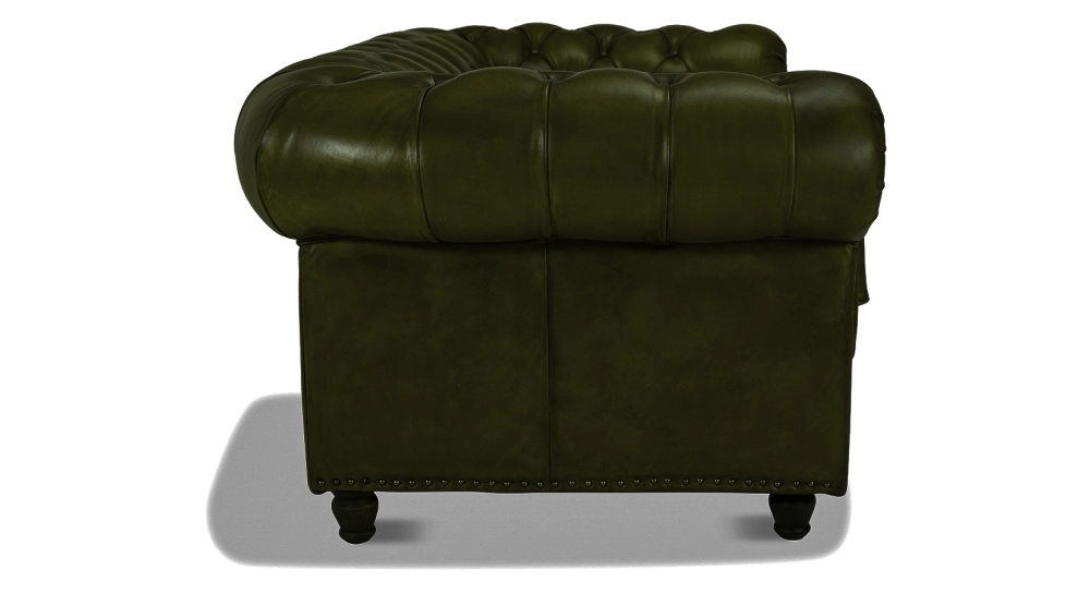 Sofá Chesterfield de piel 2 plazas verde oliva reposabrazos con tachuelas