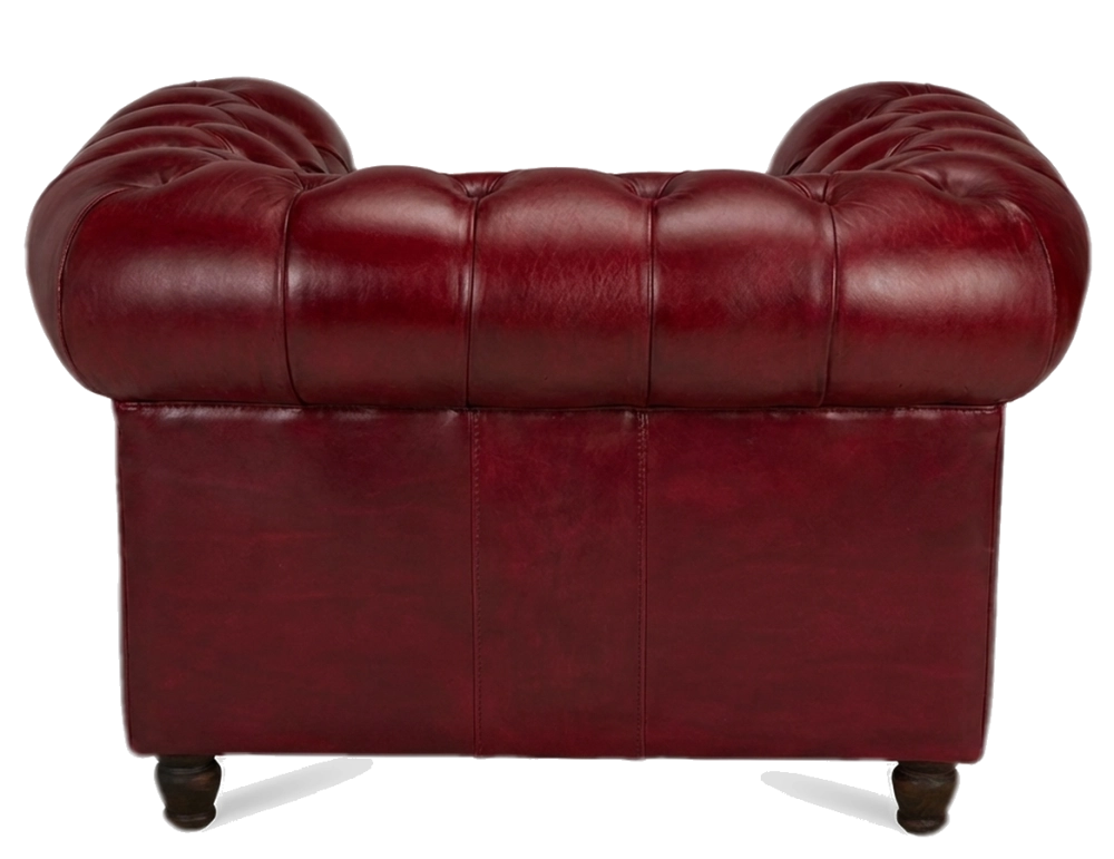 Fauteuil Chesterfield cuir rouge carmin accoudoirs cloutés