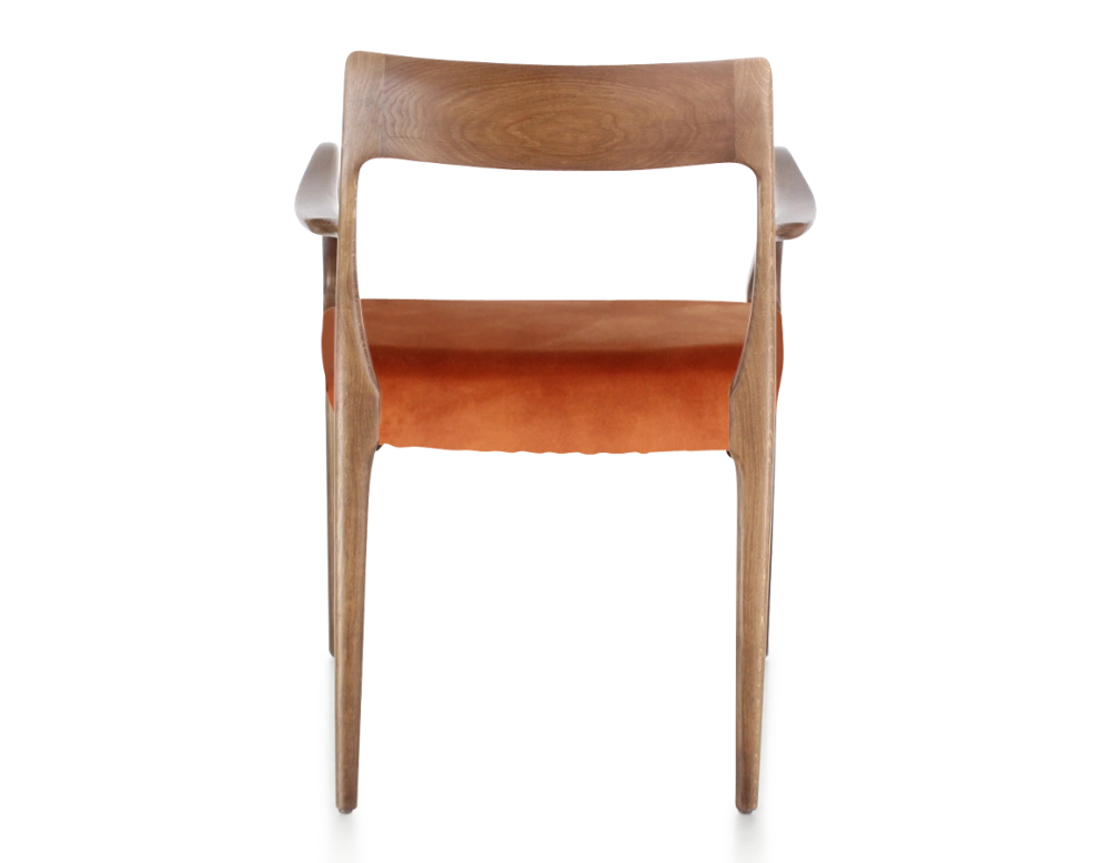 Chaise scandinave avec accoudoirs bois teinte noyer assise tissu velours terracotta