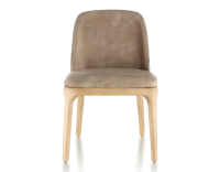 Chaise design bois teinte naturelle et tissu velours taupe clair