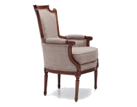 Sillón bergère estilo Luis XVI bois teinte ancienne et tissu chiné beige, gris et orange