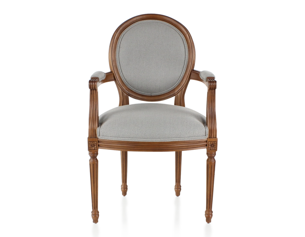 Chaise ancienne style Louis XVI avec accoudoirs bois teinte ancienne et tissu gris clair
