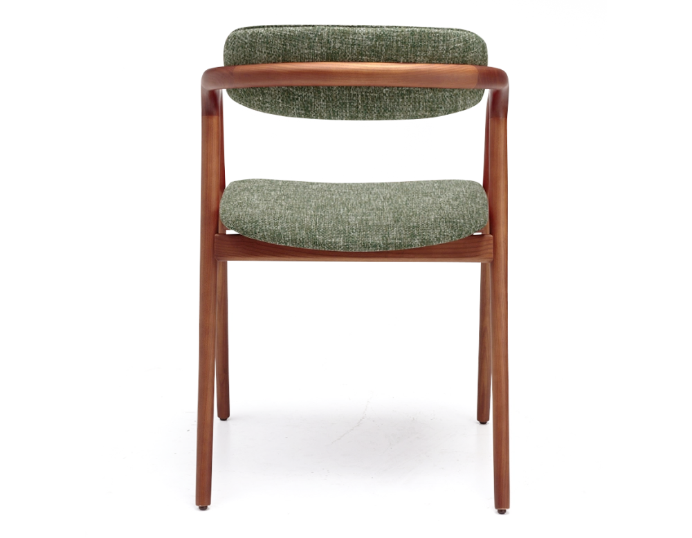 Chaise scandinave bois teinte merisier assise tissu beige chiné vert