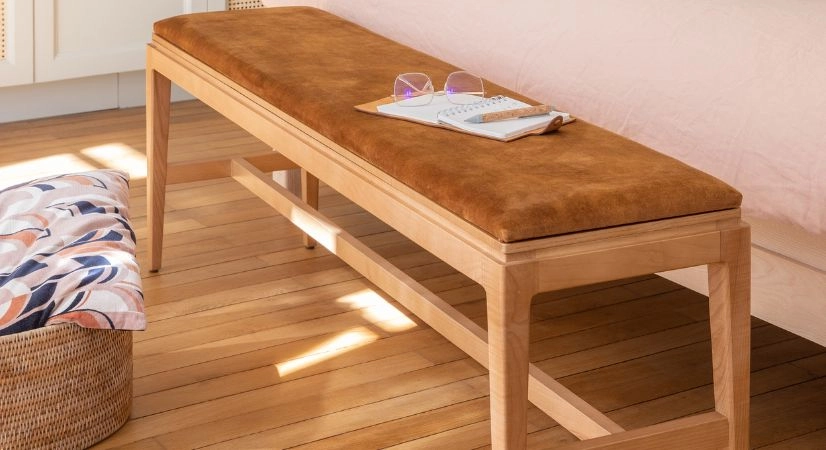 Designer bench natural stained wood, bronze velvet fabric seat, L140 cm