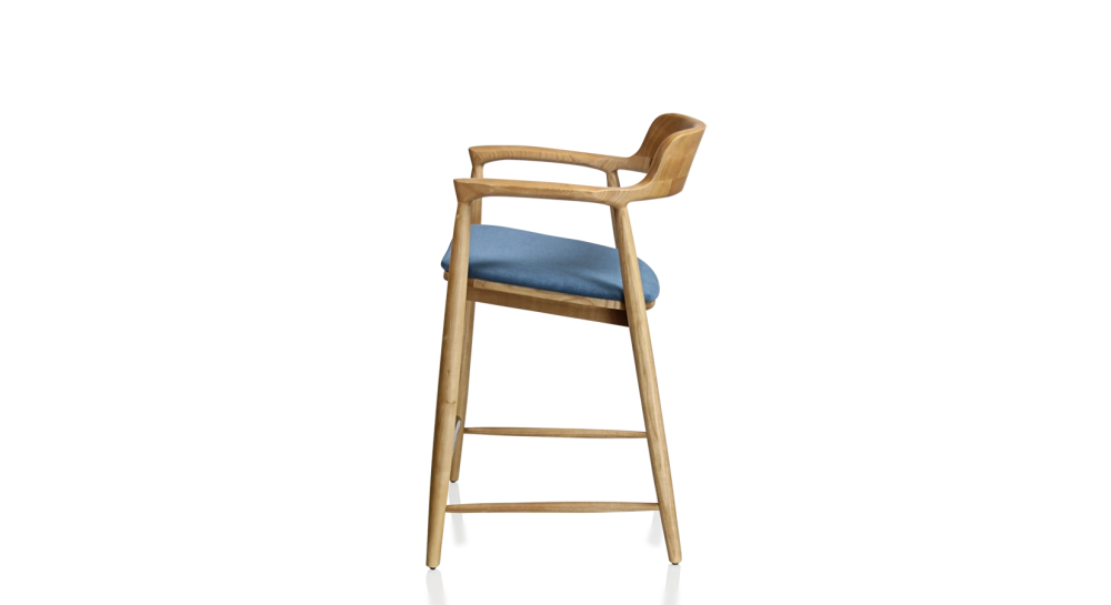 Taburete de bar h60 cm madera tinte natural asiento tejido azul vaquero