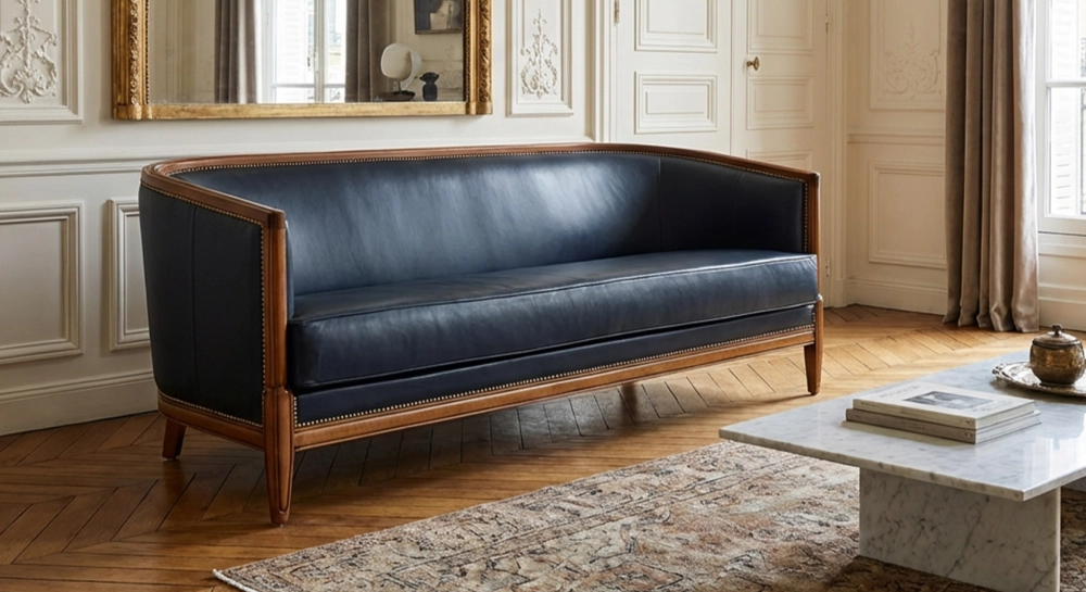 Antique 3 seater sofa with moulded armrests bois teinte ancienne et cuir noir