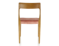 Chaise scandinave bois teinte merisier assise tissu velours rose pâle