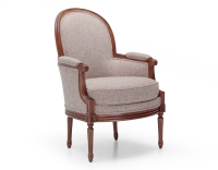 Fauteuil bergère mouluré style Louis XVI bois teinte ancienne et tissu chiné beige, gris et orange