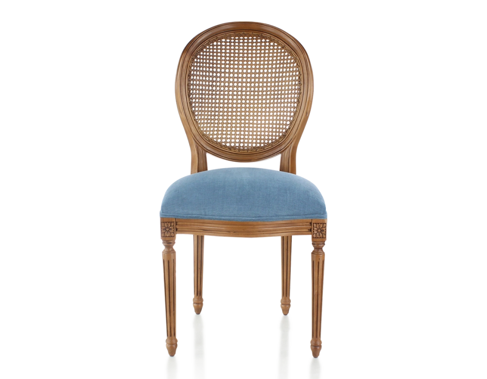 Silla antigua estilo Luis XVI madera tinte envejecido respaldo de rejilla asiento tejido azul vaquero