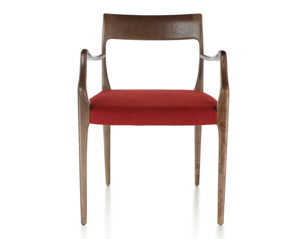 Chaise scandinave avec accoudoirs bois teinte marron foncé assise tissu bordeaux