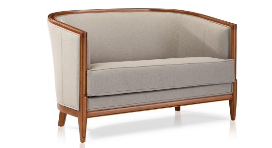 Antique 2 seater sofa with moulded armrests bois teinte ancienne et tissu beige naturel
