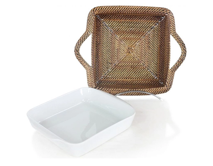 Plat porcelaine carré avec support en fleur de rotin moyen modèle