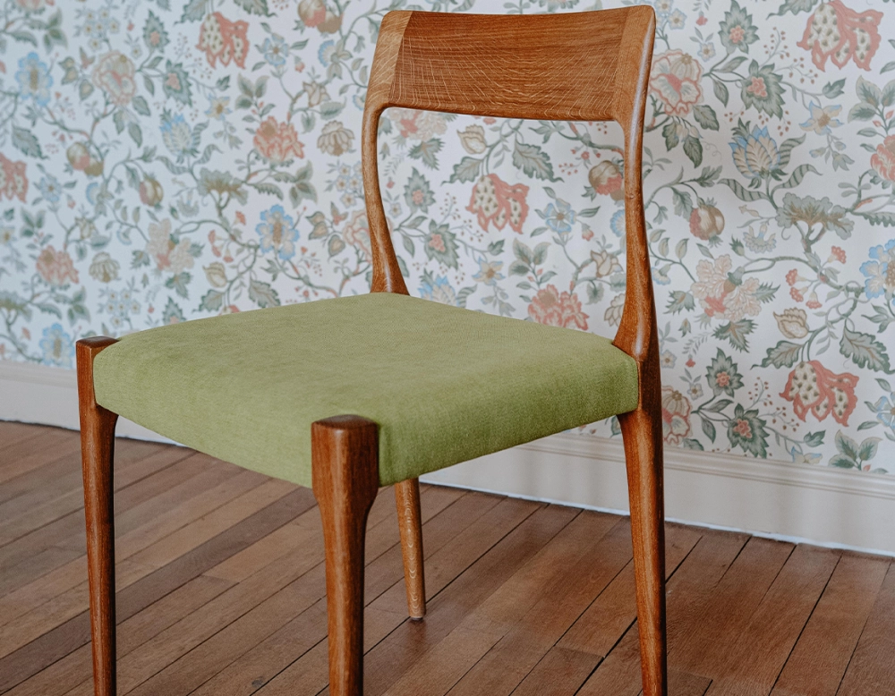 Scandinavian chair cherry-stained wood, apple green fabric seat