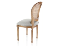 Antique Louis XVI style chair wood stained old caned back light grey fabric seat