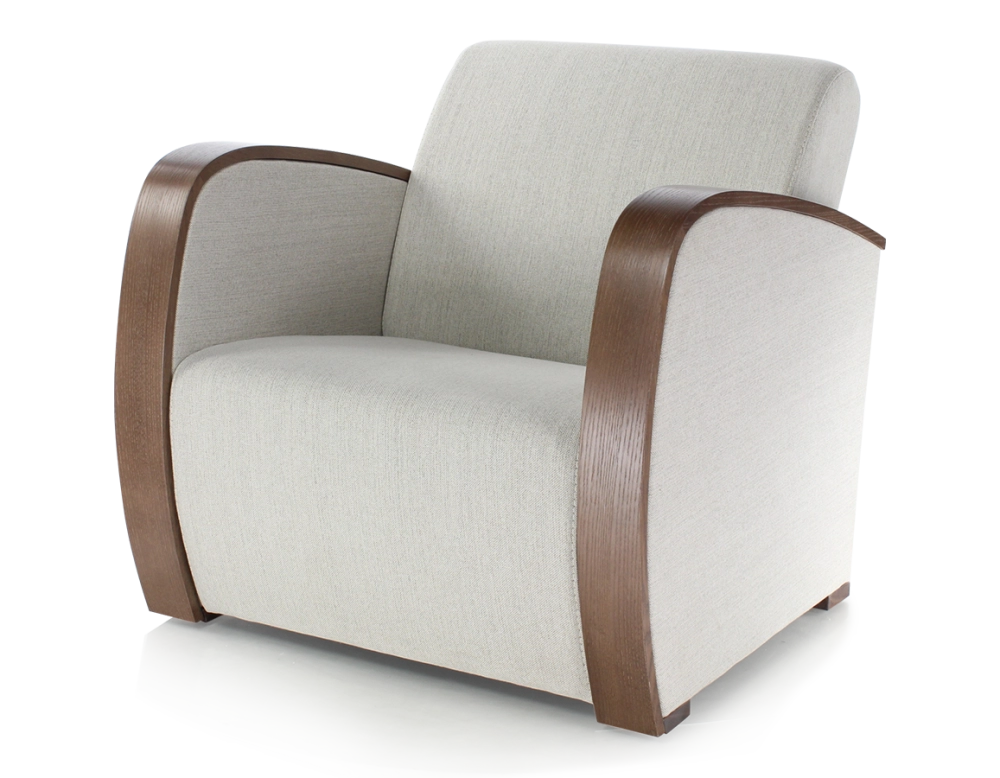 Designer armchair dark brown stained wood and natural beige fabric