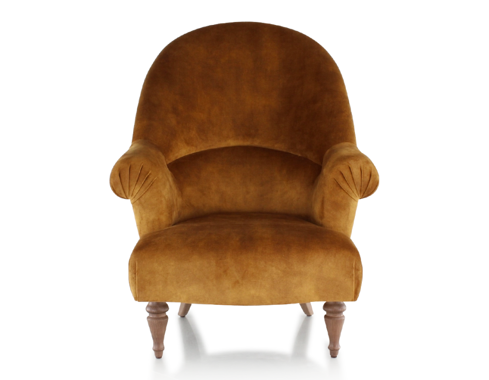 Fauteuil crapaud avec accoudoirs pieds bois teinte noyer et tissu velours bronze haut dossier