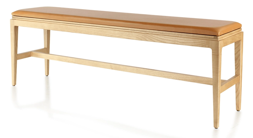Banc design bois teinte naturelle assise cuir caramel L120 cm