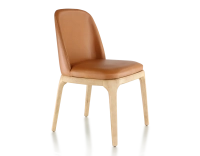 Designer chair natural stained wood and caramel leather