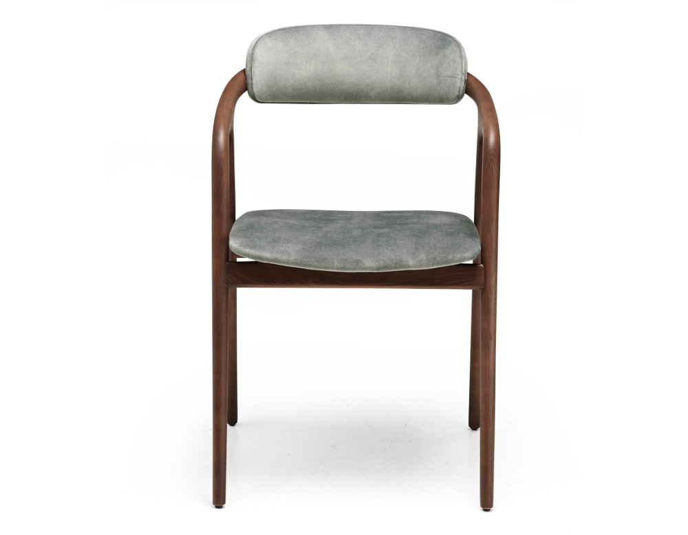 Scandinavian chair walnut wood with a grey-blue velvet fabric seat.