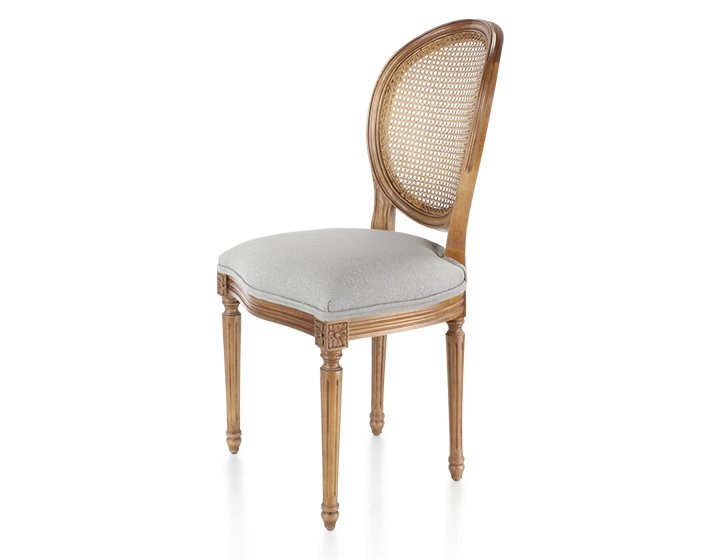 Antique Louis XVI style chair wood stained old caned back light grey fabric seat