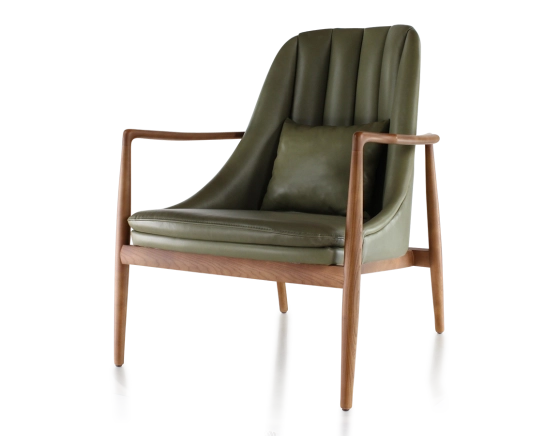 Fauteuil design bois teinte merisier et cuir vert kaki