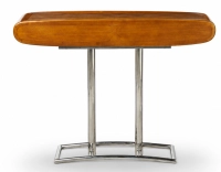 Console art déco double tiroirs métal et bois teinte merisier