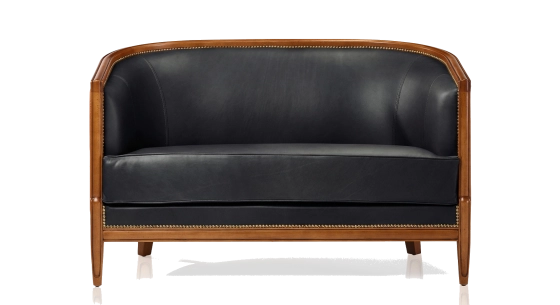 Antique 2 seater sofa with moulded armrests bois teinte ancienne et cuir noir