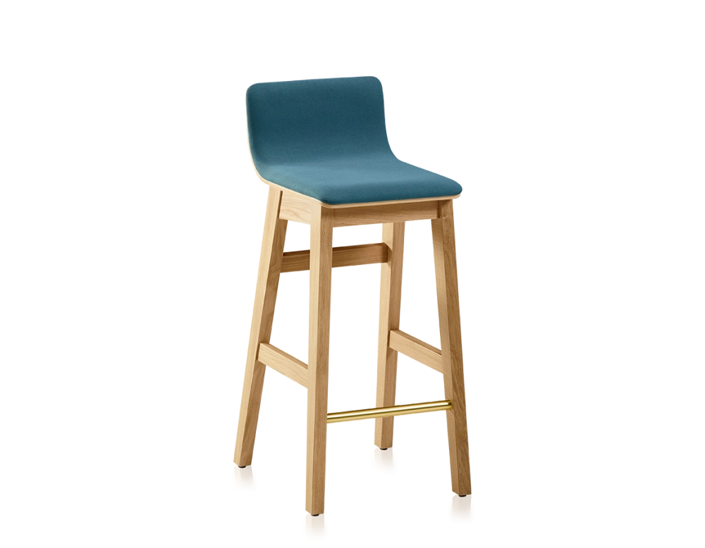 Oak bar stool H60 cm natural stained wood, ocean blue fabric seat