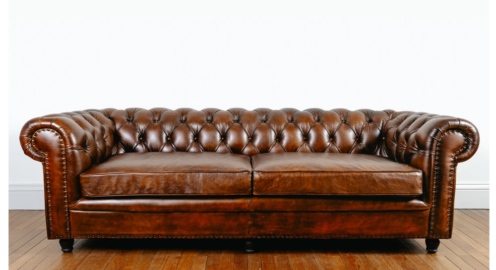 Sofá Chesterfield de piel de 3 plazas marrón vintage reposabrazos con tachuelas