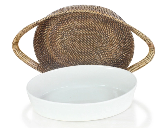 Plat porcelaine ovale avec support en fleur de rotin petit modèle
