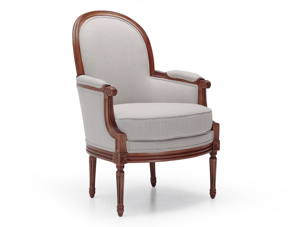 Sillón bergère moldurado estilo Luis XVI madera con tinte envejecido y tejido beige natural