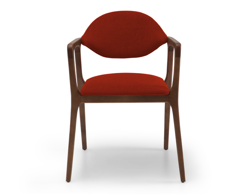 Chaise design avec accoudoirs bois teinte marron foncé et tissu orange brulé
