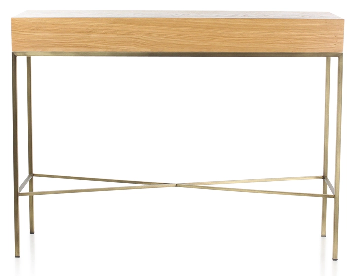 Consola de diseño fresno tinte natural y metal pátina latón 100 cm