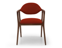 Chaise design avec accoudoirs bois teinte marron foncé et tissu orange brulé