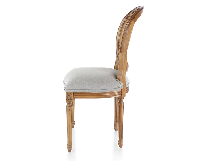 Antique Louis XVI style chair wood stained old caned back light grey fabric seat