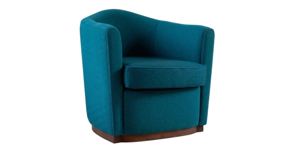 Sillón club de tela tissu bleu socle bois teinte noyer