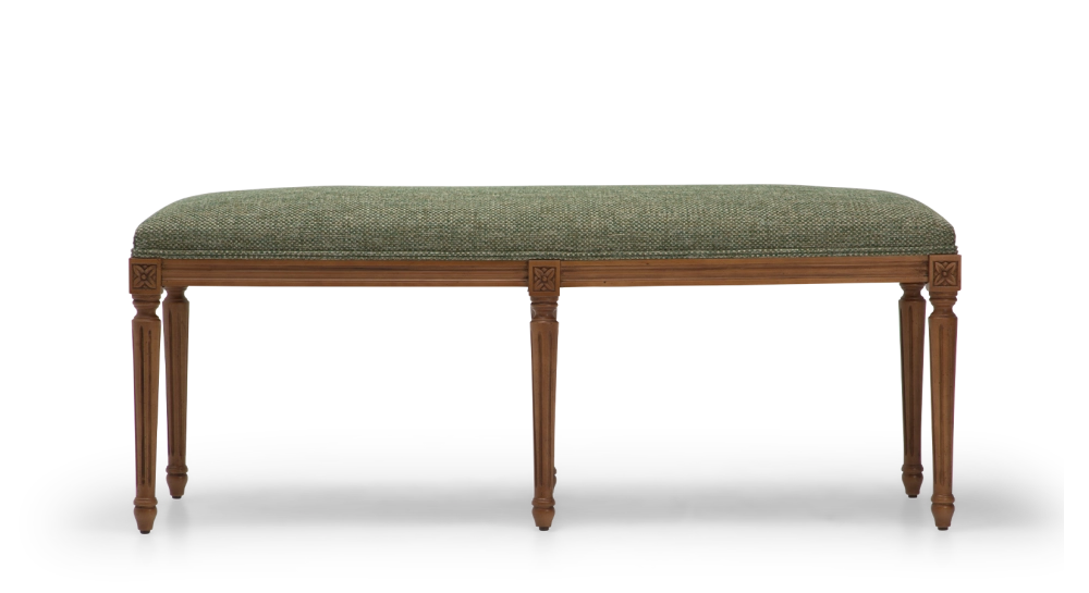 Banquette ancienne style Louis XVI bois teinte ancienne et tissu chiné vert