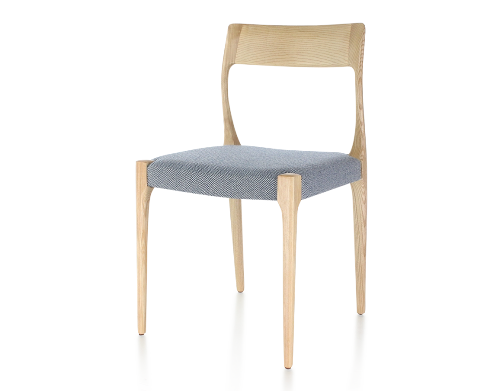 Scandinavian chair natural stained wood, blue chevron fabric seat